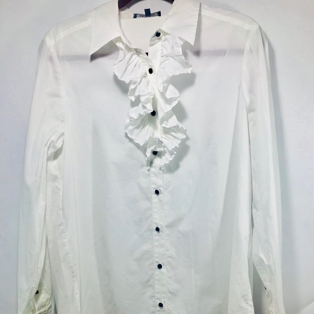 Annie Klein front ruffled button down white blouse
